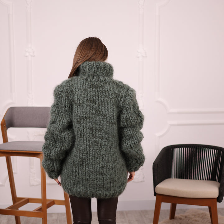 Cable Knit Mohair Alpaca Sweater, Chunky Oversized Fit, Green Melange Turtleneck  T2138