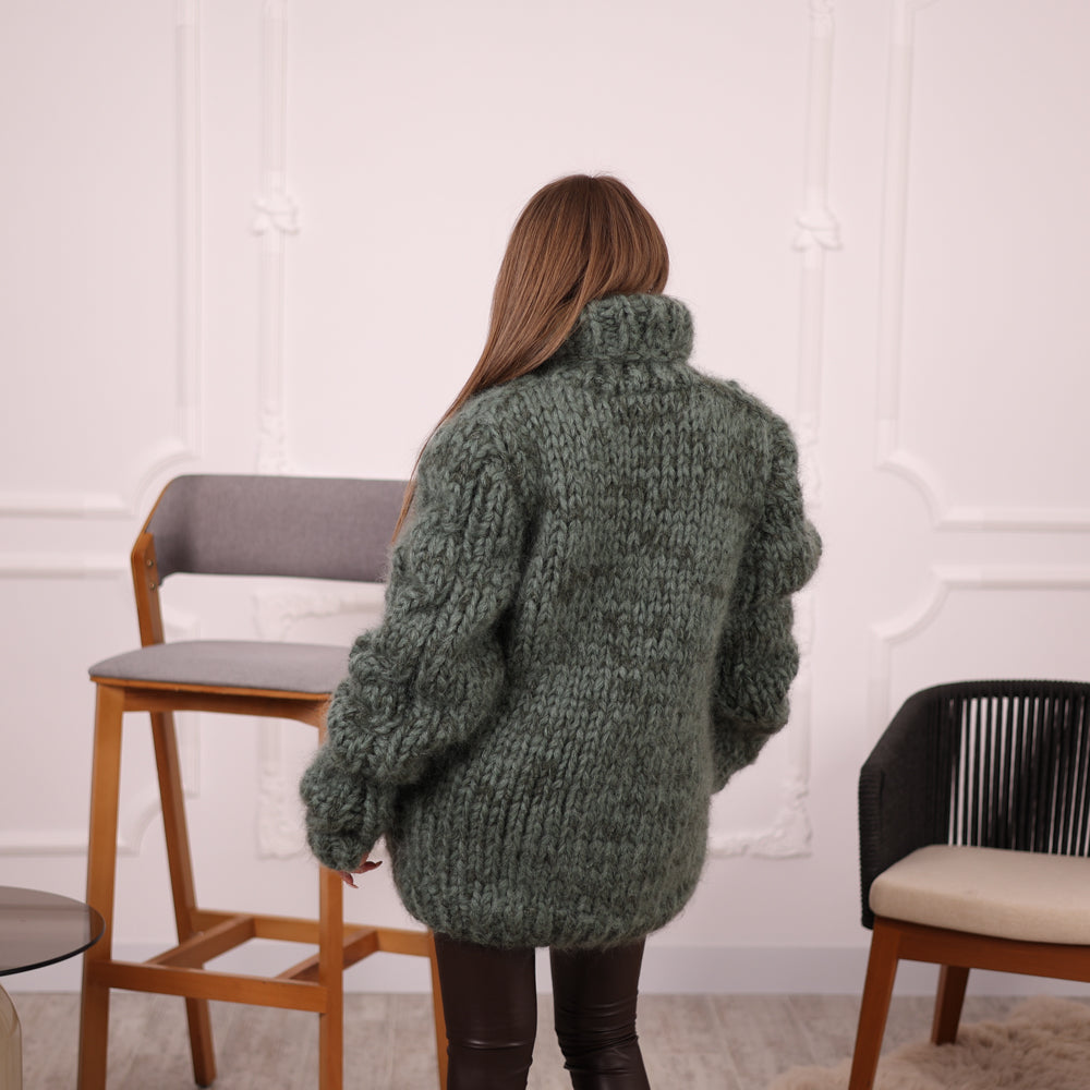 Cable Knit Mohair Alpaca Sweater, Chunky Oversized Fit, Green Melange Turtleneck  T2138