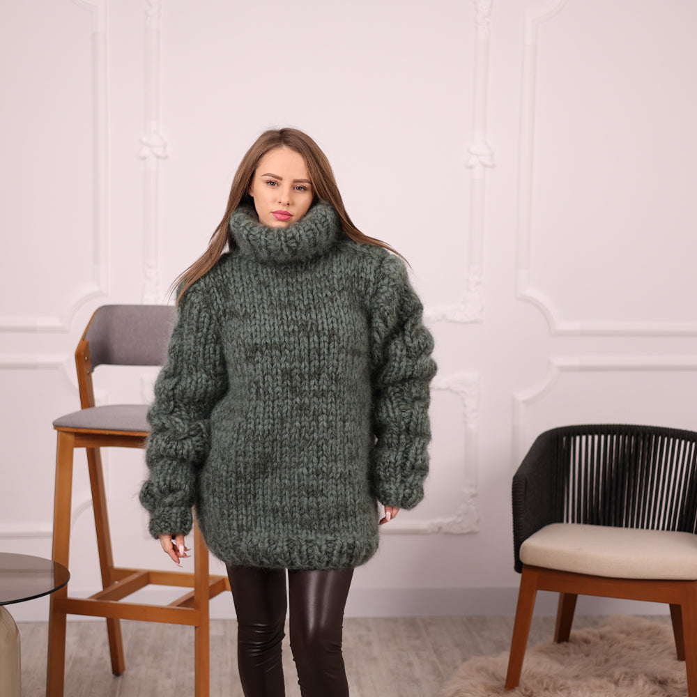 Mohair and Alpaca Sweater, Chunky Oversized Fit, Green Melange Turtleneck  T2139