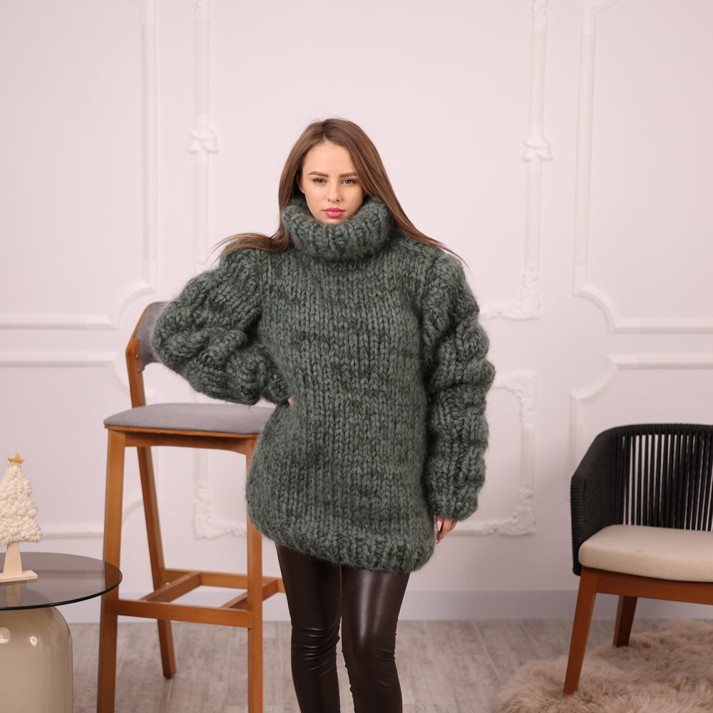 Mohair and Alpaca Sweater, Chunky Oversized Fit, Green Melange Turtleneck  T2139