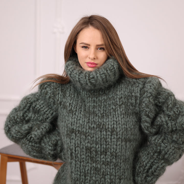 Mohair and Alpaca Sweater, Chunky Oversized Fit, Green Melange Turtleneck  T2139