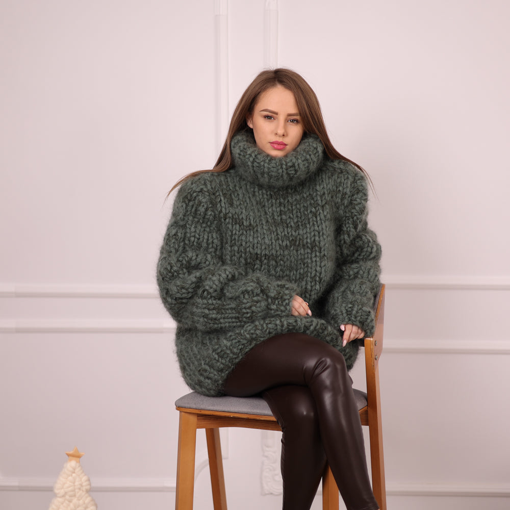Mohair and Alpaca Sweater, Chunky Oversized Fit, Green Melange