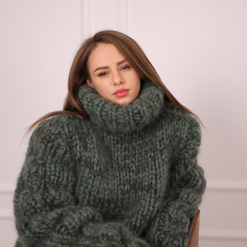 Mohair and Alpaca Sweater, Chunky Oversized Fit, Green Melange Turtleneck  T2139