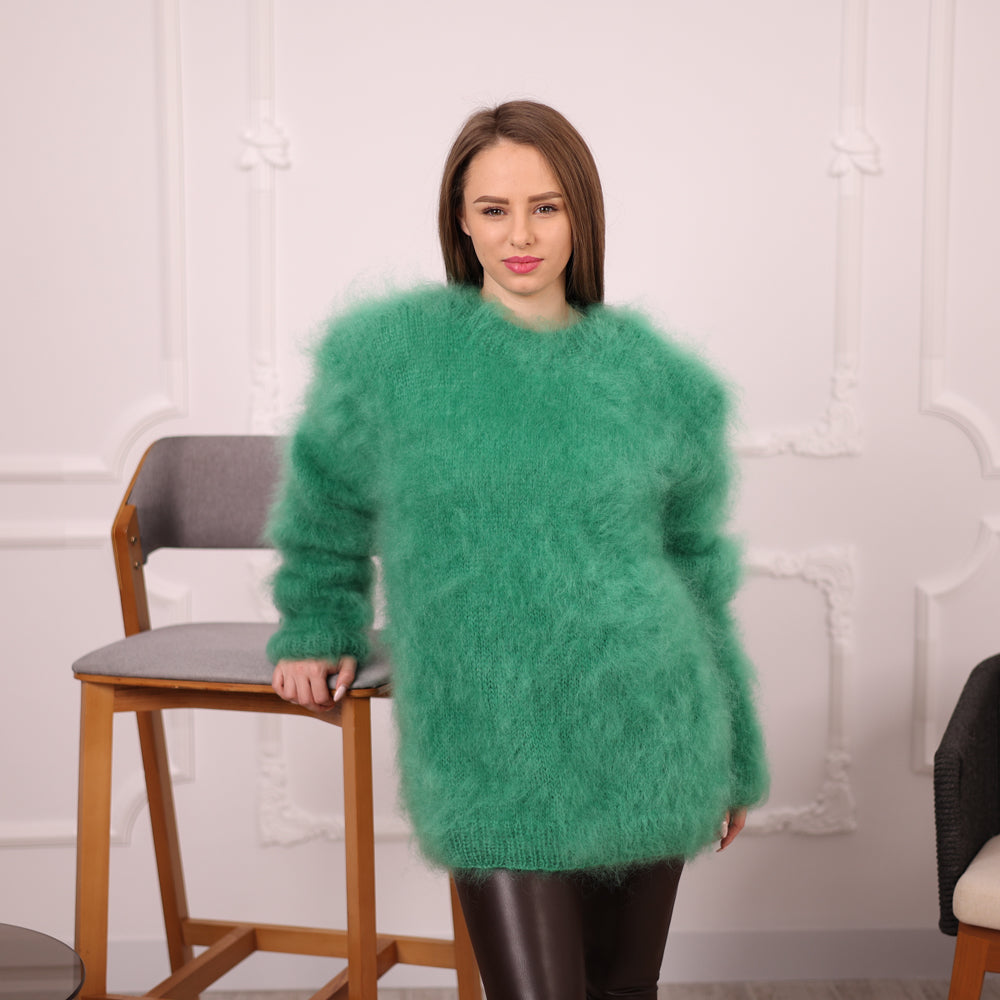 Green French Kid Mohair Turtleneck Sweater, Brushed Hairy Knit, Extra Soft Fluffy Pullover T2140