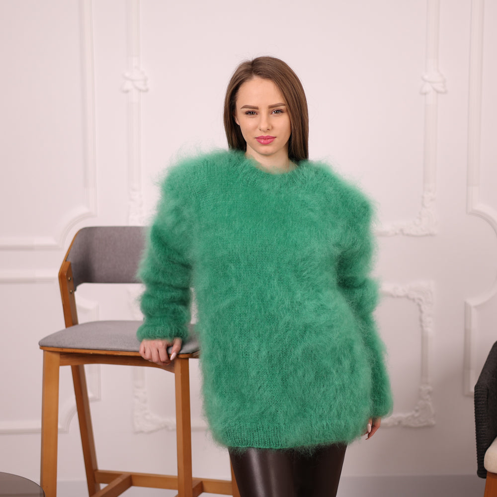 Green French Kid Mohair Turtleneck Sweater, Brushed Hairy Knit, Extra Soft Fluffy Pullover T2140