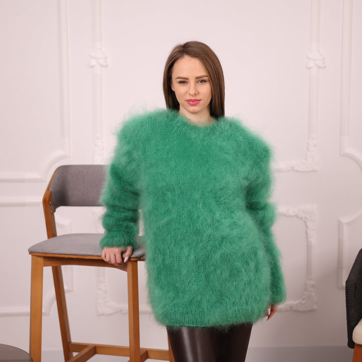 Green French Kid Mohair Turtleneck Sweater, Brushed Hairy Knit, Extra Soft Fluffy Pullover T2140