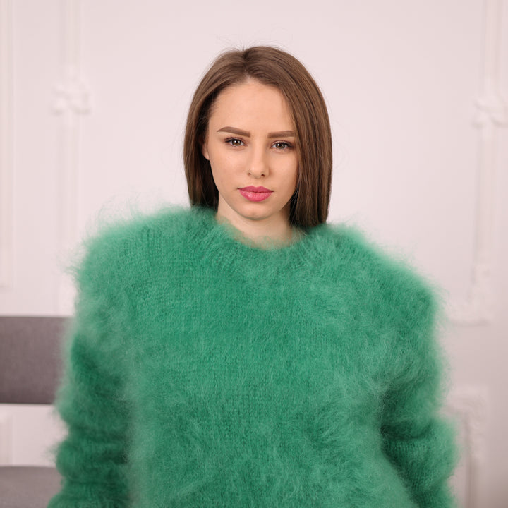 Green French Kid Mohair Turtleneck Sweater, Brushed Hairy Knit, Extra Soft Fluffy Pullover T2140