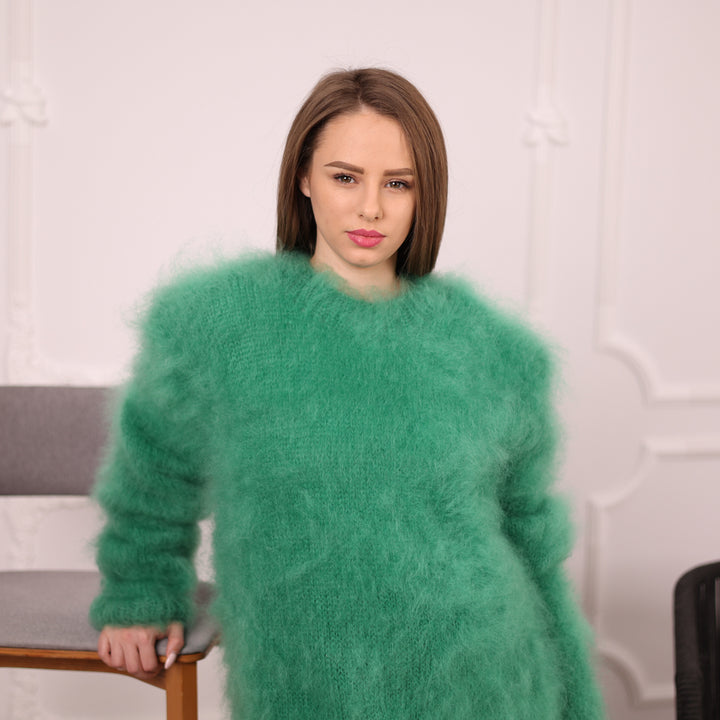 Green French Kid Mohair Turtleneck Sweater, Brushed Hairy Knit, Extra Soft Fluffy Pullover T2140