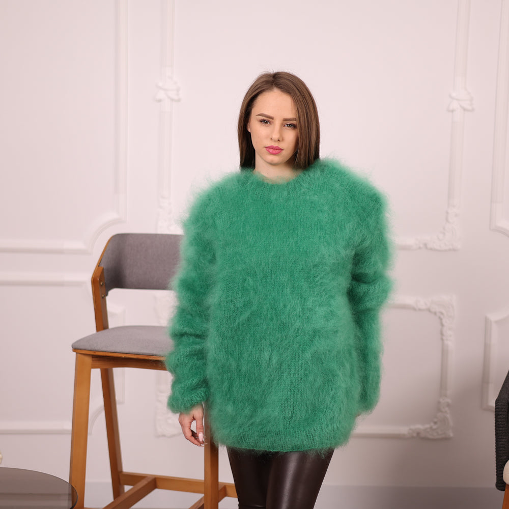 Green French Kid Mohair Turtleneck Sweater, Brushed Hairy Knit, Extra Soft Fluffy Pullover T2140