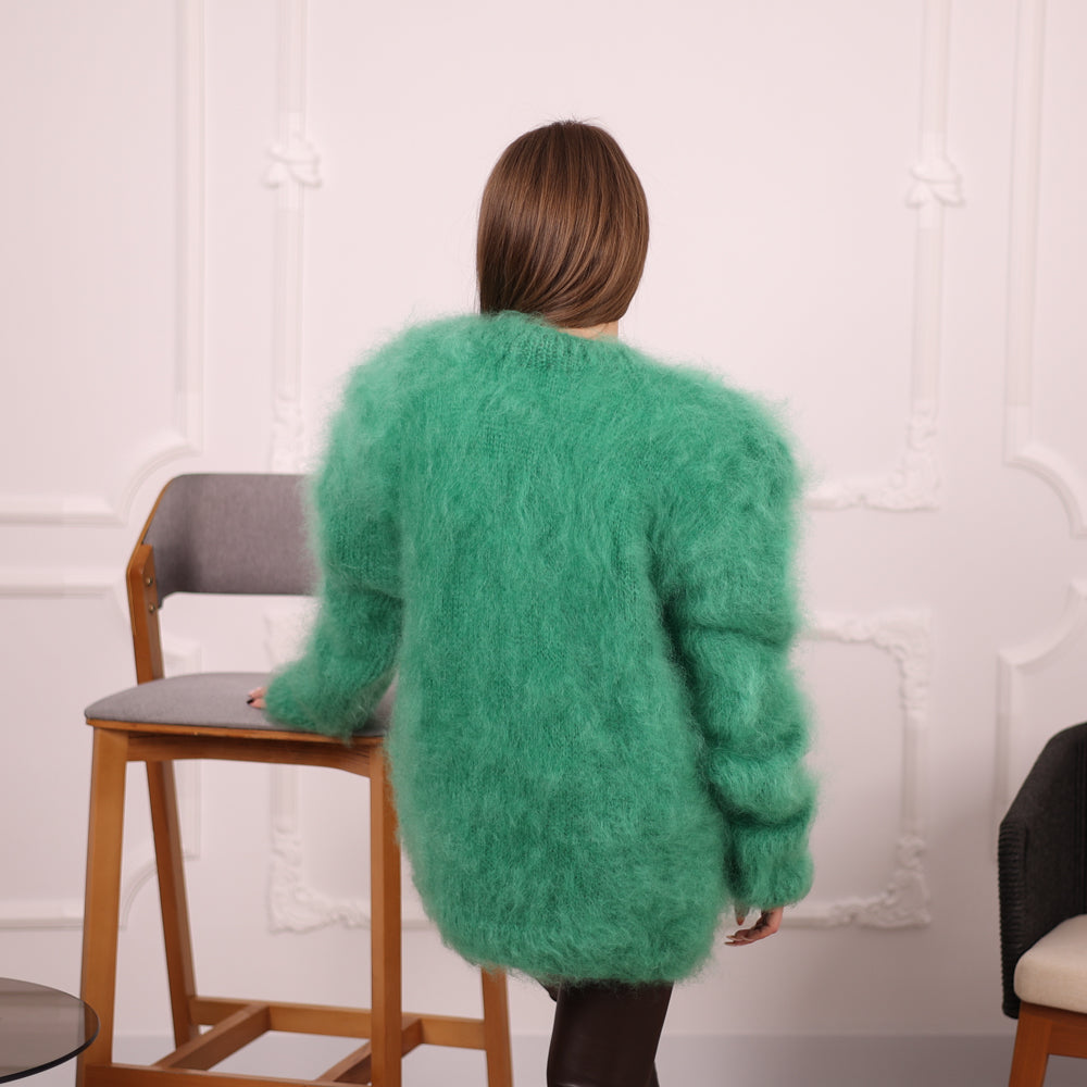 Green French Kid Mohair Turtleneck Sweater, Brushed Hairy Knit, Extra Soft Fluffy Pullover T2140