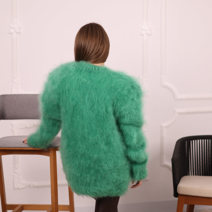 Green French Kid Mohair Turtleneck Sweater, Brushed Hairy Knit, Extra Soft Fluffy Pullover T2140