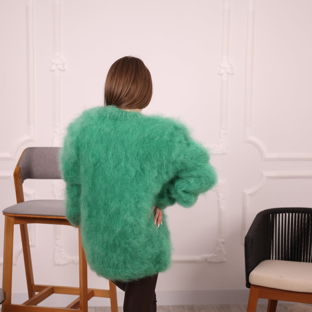 Green French Kid Mohair Turtleneck Sweater, Brushed Hairy Knit, Extra Soft Fluffy Pullover T2140