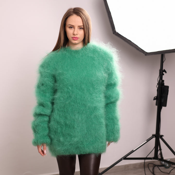 Green French Kid Mohair Turtleneck Sweater, Brushed Hairy Knit, Extra Soft Fluffy Pullover T2140