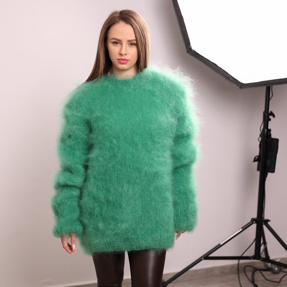 Green French Kid Mohair Turtleneck Sweater, Brushed Hairy Knit, Extra Soft Fluffy Pullover T2140