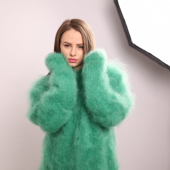 Green French Kid Mohair Turtleneck Sweater, Brushed Hairy Knit, Extra Soft Fluffy Pullover T2140