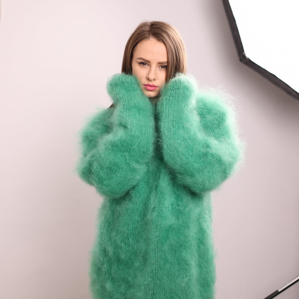 Green French Kid Mohair Turtleneck Sweater, Brushed Hairy Knit, Extra Soft Fluffy Pullover T2140