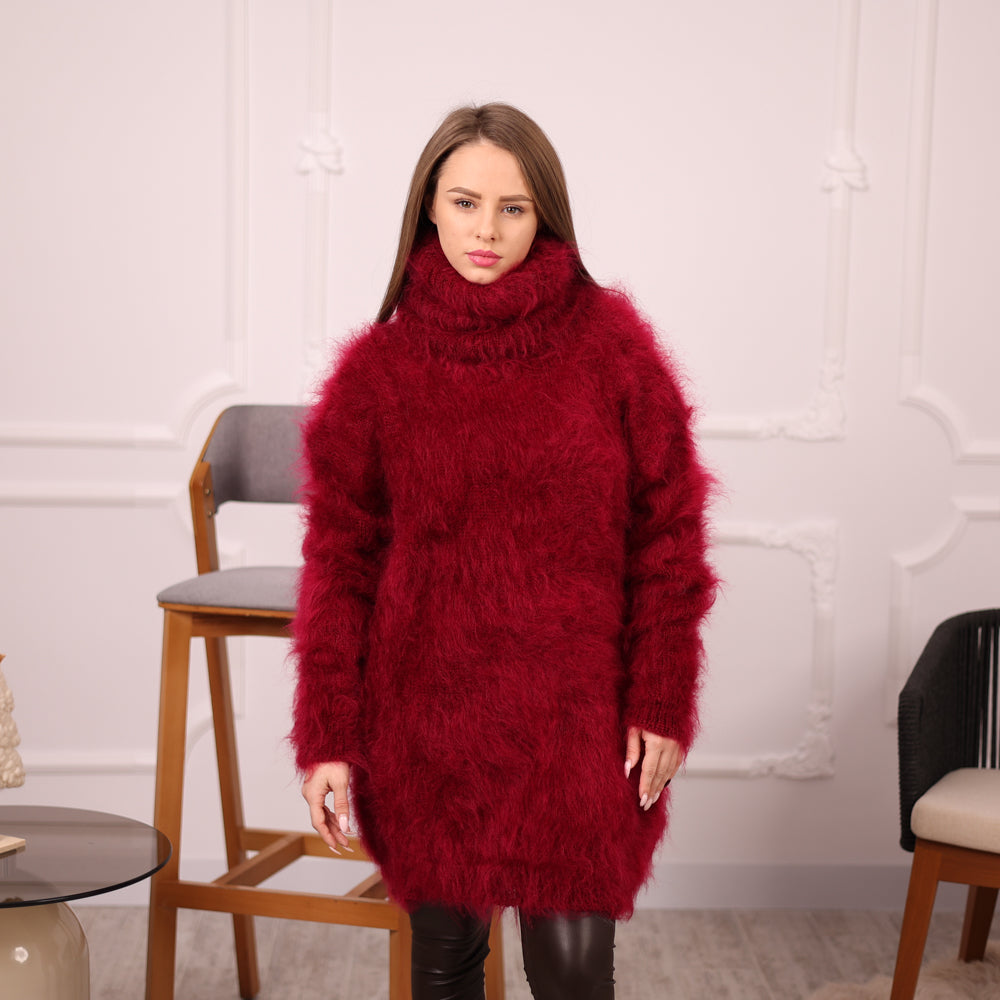 Hand-Knitted Red Mohair Sweater – Fluffy Fuzzy Turtleneck Jumper T2143