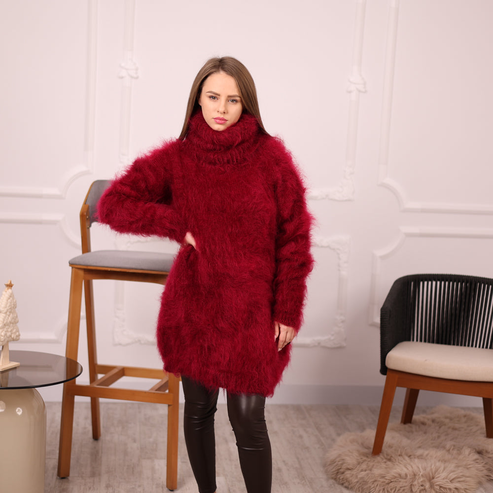 Hand-Knitted Red Mohair Sweater – Fluffy Fuzzy Turtleneck Jumper T2143