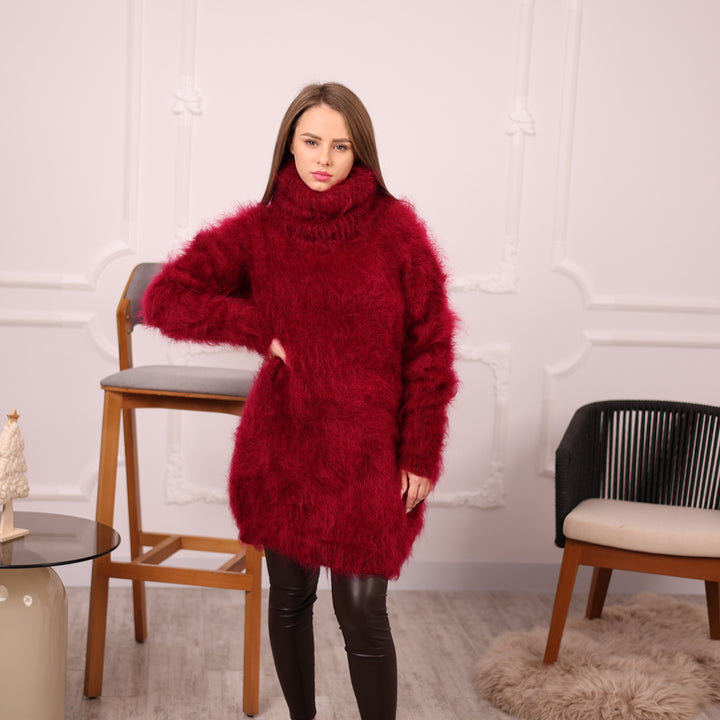 Hand-Knitted Red Mohair Sweater – Fluffy Fuzzy Turtleneck Jumper T2143