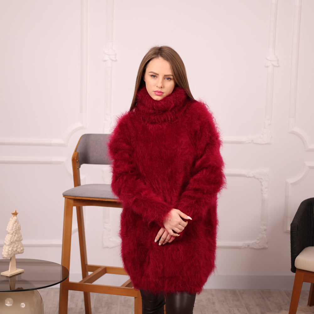 Hand-Knitted Red Mohair Sweater – Fluffy Fuzzy Turtleneck Jumper T2143