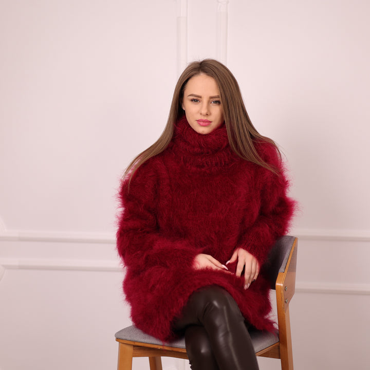 Hand-Knitted Red Mohair Sweater – Fluffy Fuzzy Turtleneck Jumper T2143