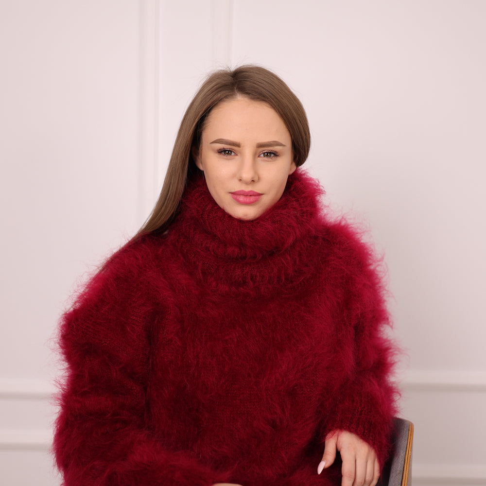Hand-Knitted Red Mohair Sweater – Fluffy Fuzzy Turtleneck Jumper T2143