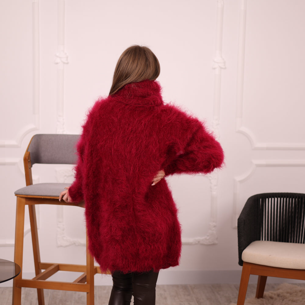 Hand-Knitted Red Mohair Sweater – Fluffy Fuzzy Turtleneck Jumper T2143