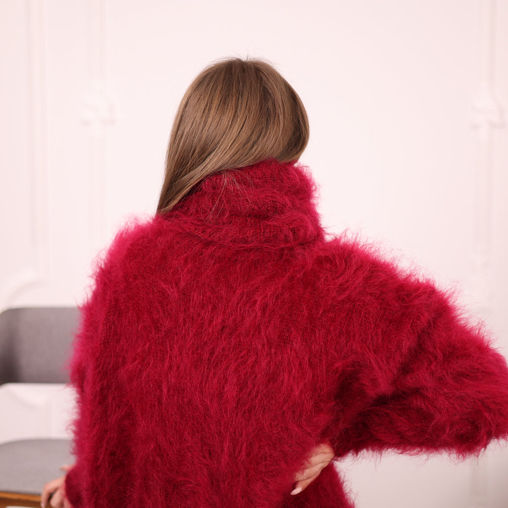 Hand-Knitted Red Mohair Sweater – Fluffy Fuzzy Turtleneck Jumper T2143