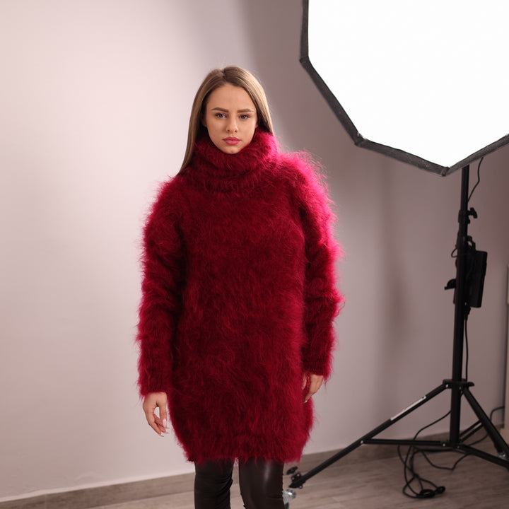 Hand-Knitted Red Mohair Sweater – Fluffy Fuzzy Turtleneck Jumper T2143