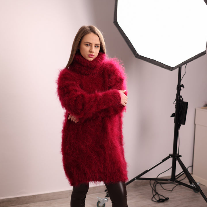 Hand-Knitted Red Mohair Sweater – Fluffy Fuzzy Turtleneck Jumper T2143