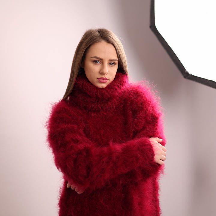 Hand-Knitted Red Mohair Sweater – Fluffy Fuzzy Turtleneck Jumper T2143