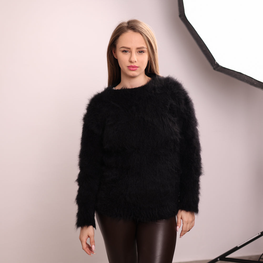 Black Suri Alpaca Merino Wool Sweater, Long Haired Soft Wool Pullover T2141