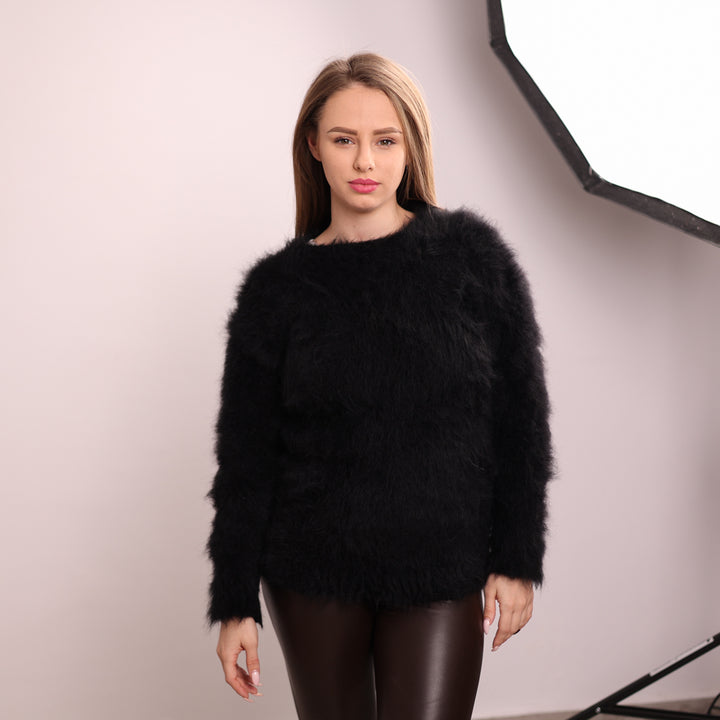 Black Suri Alpaca Merino Wool Sweater, Long Haired Soft Wool Pullover T2141