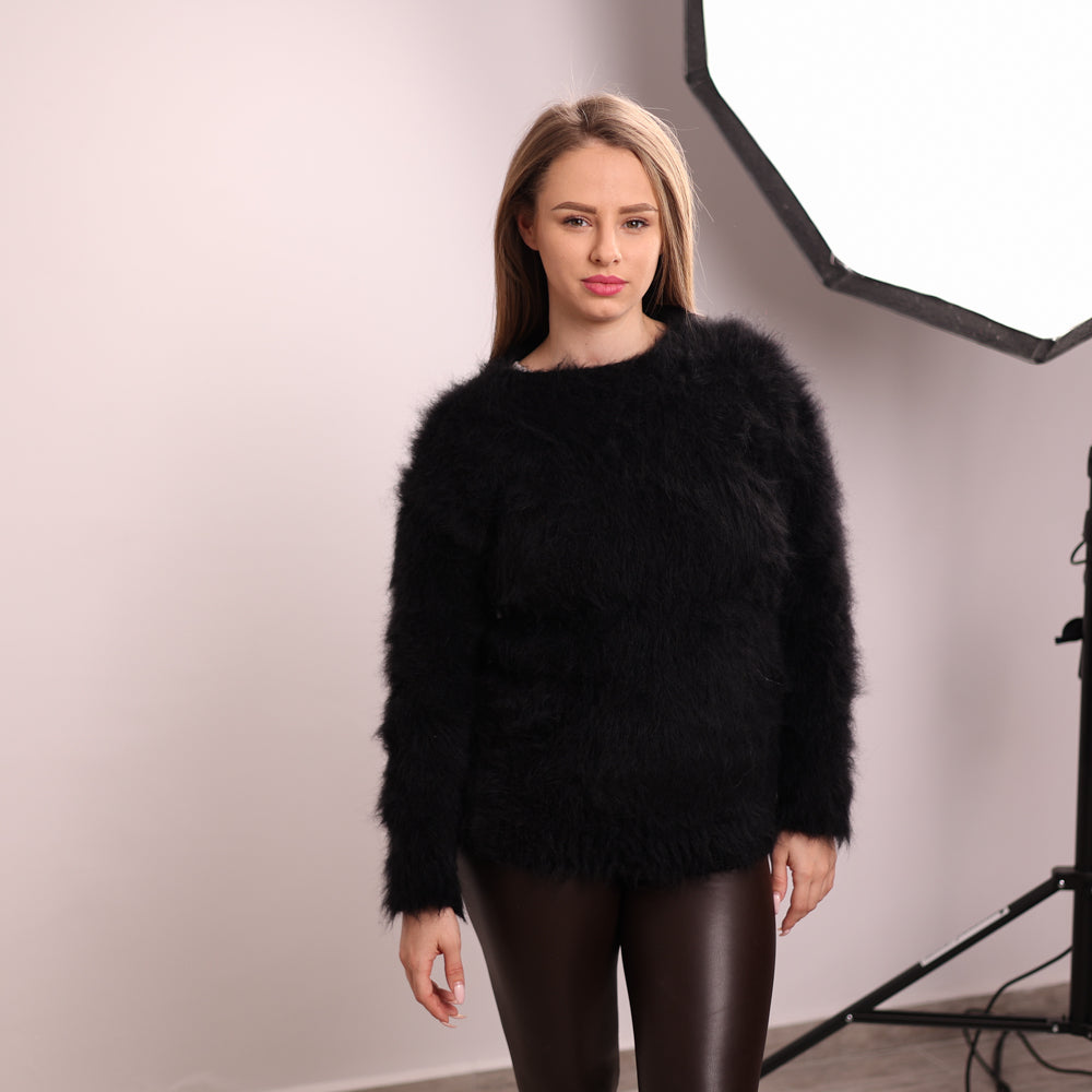 Black Suri Alpaca Merino Wool Sweater, Long Haired Soft Wool Pullover T2141