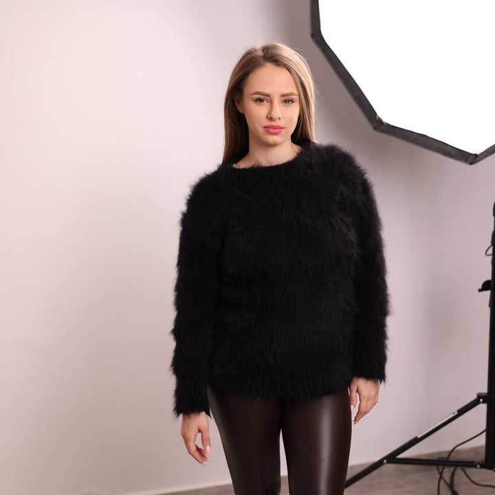Black Suri Alpaca Merino Wool Sweater, Long Haired Soft Wool Pullover T2141