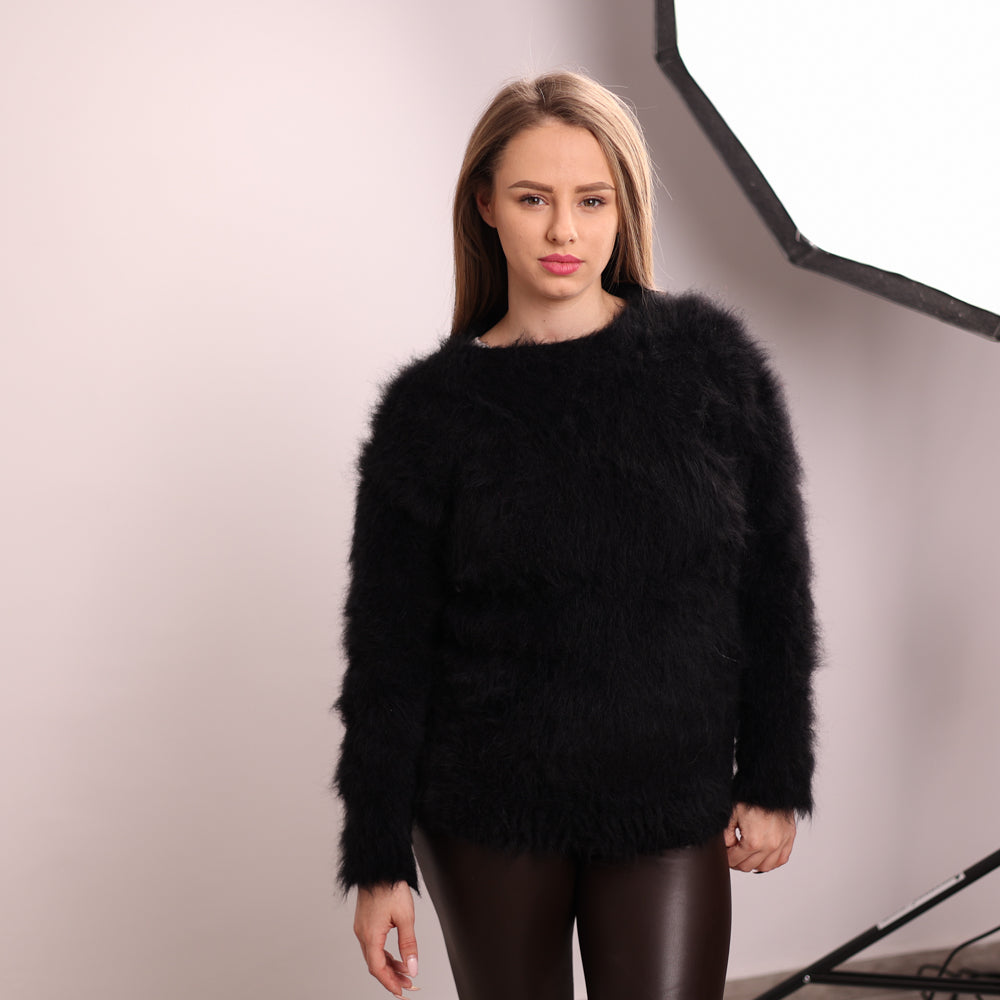 Black Suri Alpaca Merino Wool Sweater, Long Haired Soft Wool Pullover T2141