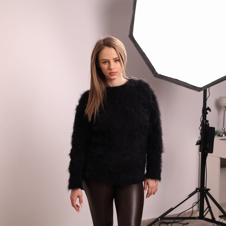 Black Suri Alpaca Merino Wool Sweater, Long Haired Soft Wool Pullover T2141