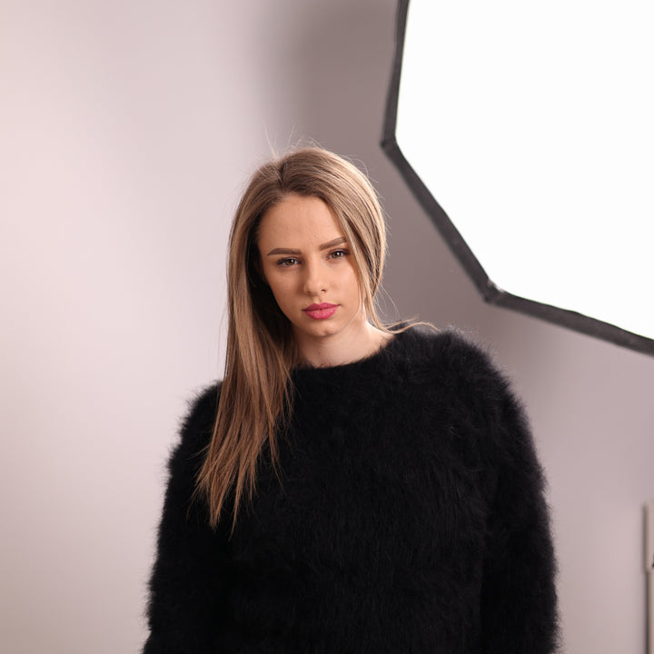 Black Suri Alpaca Merino Wool Sweater, Long Haired Soft Wool Pullover T2141