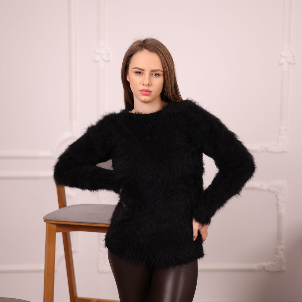 Black Suri Alpaca Merino Wool Sweater, Long Haired Soft Wool Pullover T2141
