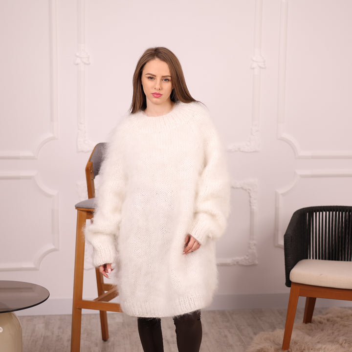 Hand-Knitted White Mohair Sweater – Chunky Fluffy Warm Crewneck Pullover T2142