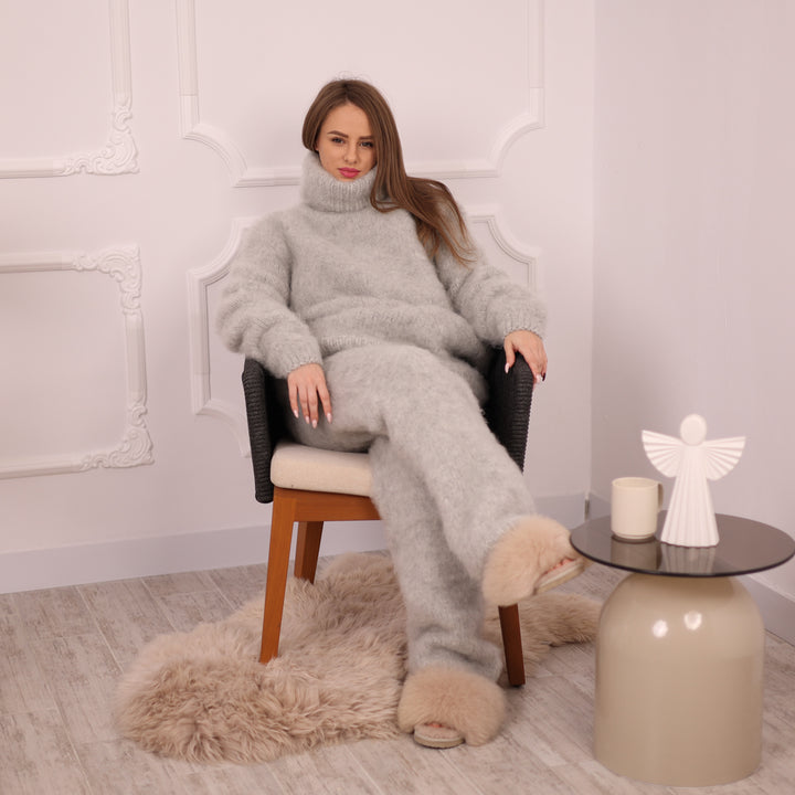 Kid Mohair Sweater and Pants Set, Fluffy Knit, Oversized Loungewear T2135