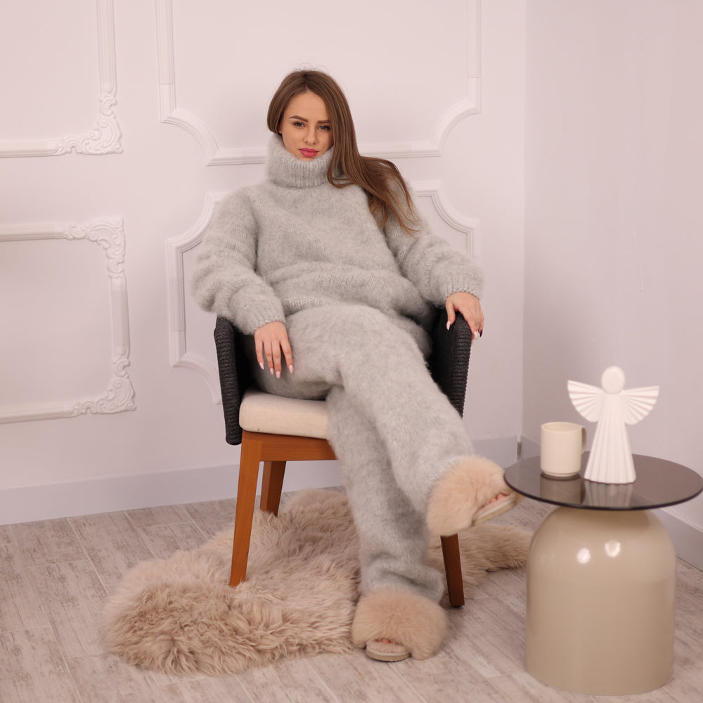 Kid Mohair Pants, Fluffy Knit Trousers, Hand Knitted Gray Lounge Wear T2137