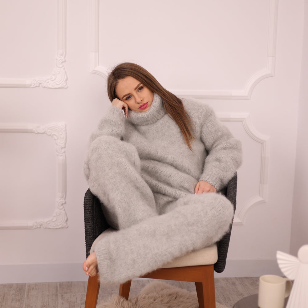 Kid Mohair Sweater and Pants Set, Fluffy Knit, Oversized Loungewear T2135