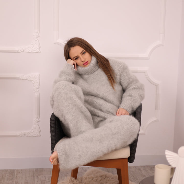 Kid Mohair Pants, Fluffy Knit Trousers, Hand Knitted Gray Lounge Wear T2137
