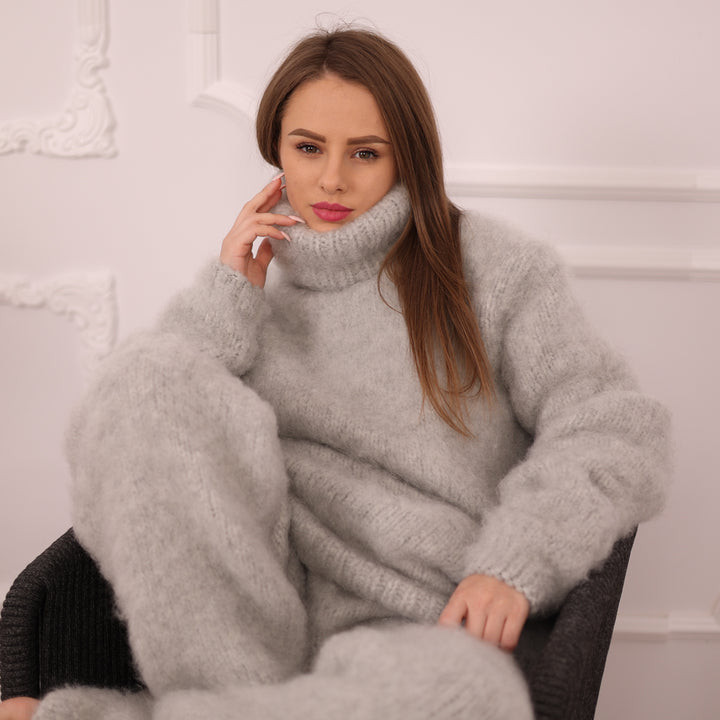Kid Mohair Sweater and Pants Set, Fluffy Knit, Oversized Loungewear T2135