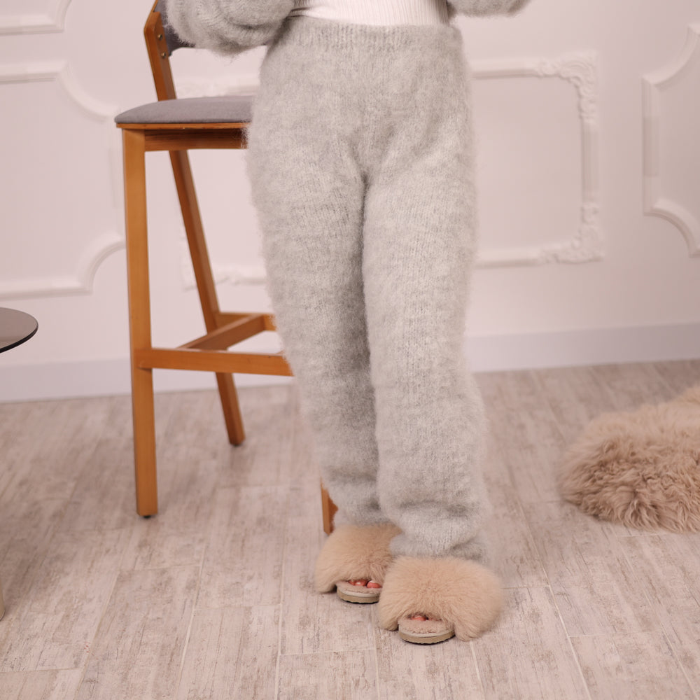 Kid Mohair Pants, Fluffy Knit Trousers, Hand Knitted Gray Lounge Wear T2137