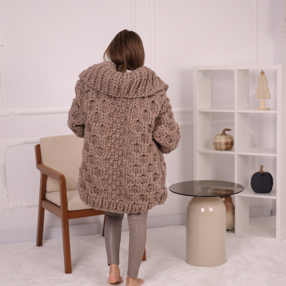 Extra Chunky Wool Cardigan , Hand Knitted 10 Strands Heavy Honeycomb Knit Jacket T2152