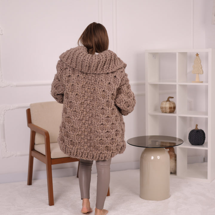 Extra Chunky Wool Cardigan , Hand Knitted 10 Strands Heavy Honeycomb Knit Jacket T2152