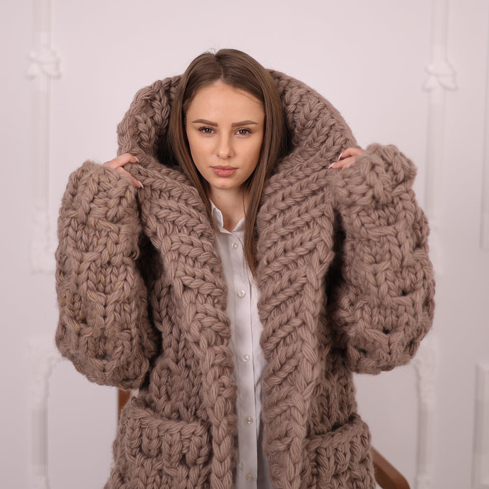 Extra Chunky Wool Cardigan , Hand Knitted 10 Strands Heavy Honeycomb Knit Jacket T2152