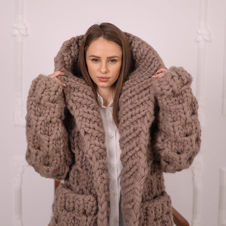Extra Chunky Wool Cardigan , Hand Knitted 10 Strands Heavy Honeycomb Knit Jacket T2152